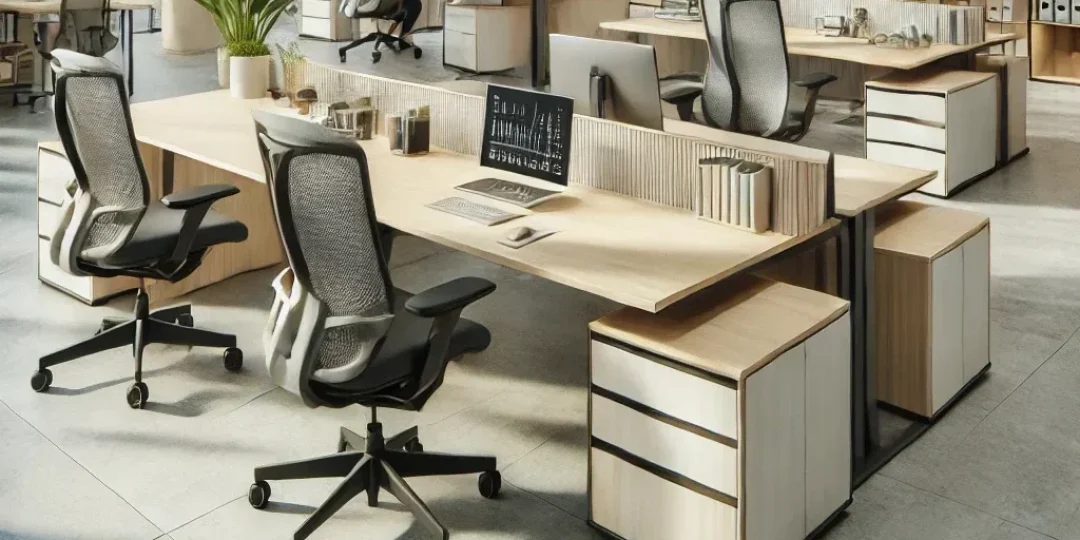 An office space with modern furniture designed for productivity. The room includes ergonomic chairs, adjustable desks, and a spacious layout with plen